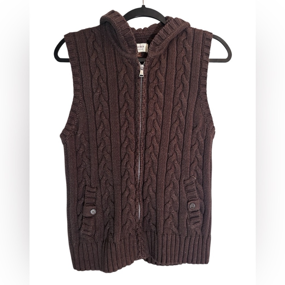 Soft & Cozy Sonoma Chocolate Cable Knit Full Zip Hooded Vest | Size XL